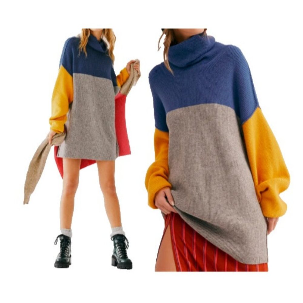 Free People Women's Large Oversized Tunic Sweater Turtleneck Colorblock
